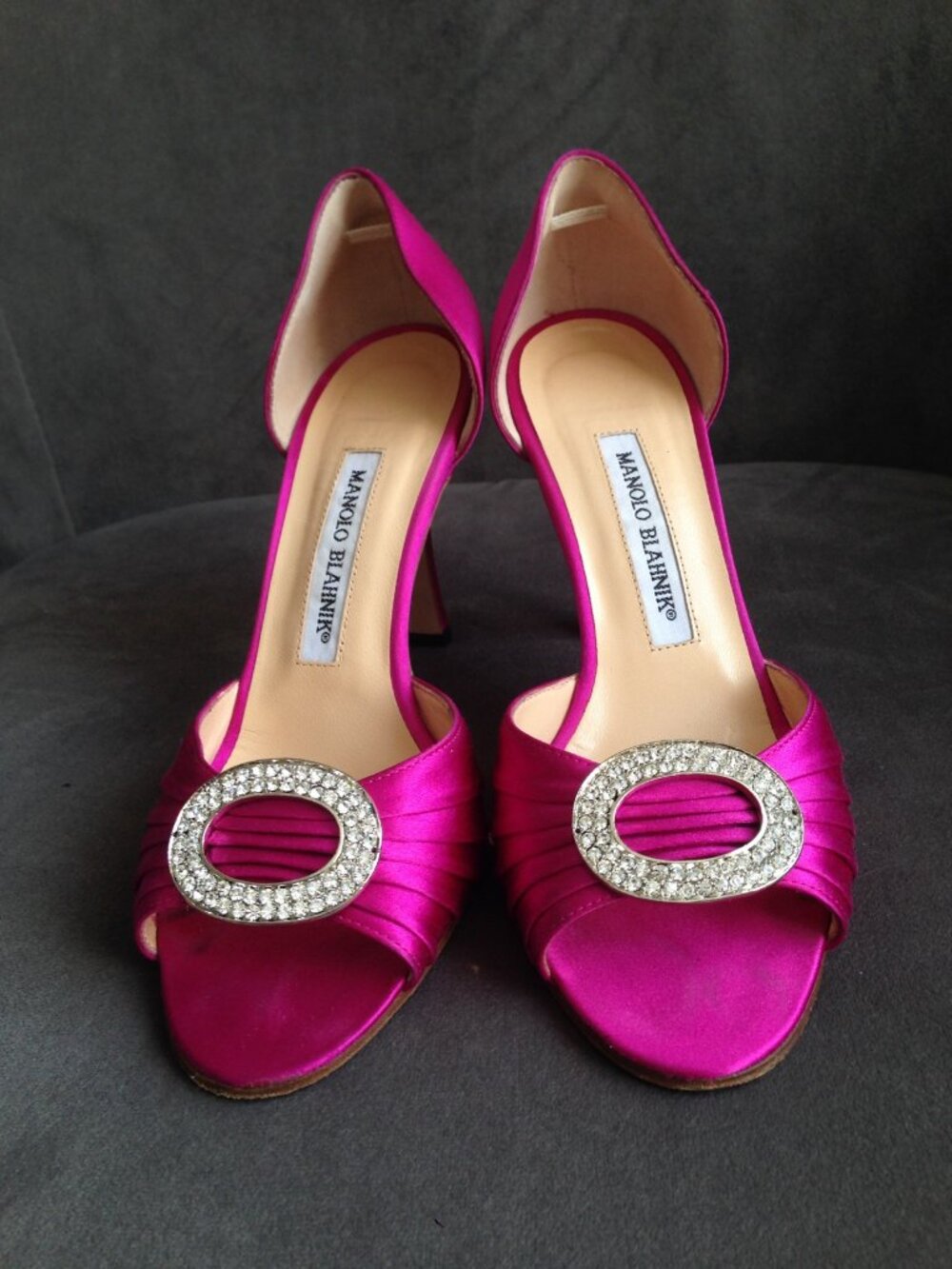 Manolo Blahnik Sedaraby Satin Peep-Toe Pumps Fuchsia Crystal Buckle